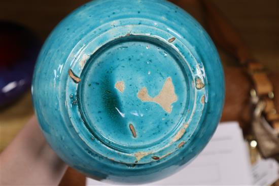 A turquoise glazed art pottery vase, a Chinese flambe vase and two studio pottery vessels